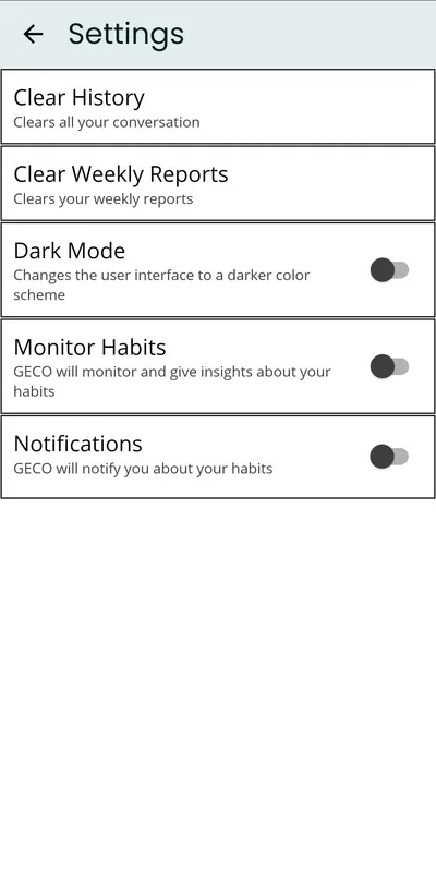 Settings page